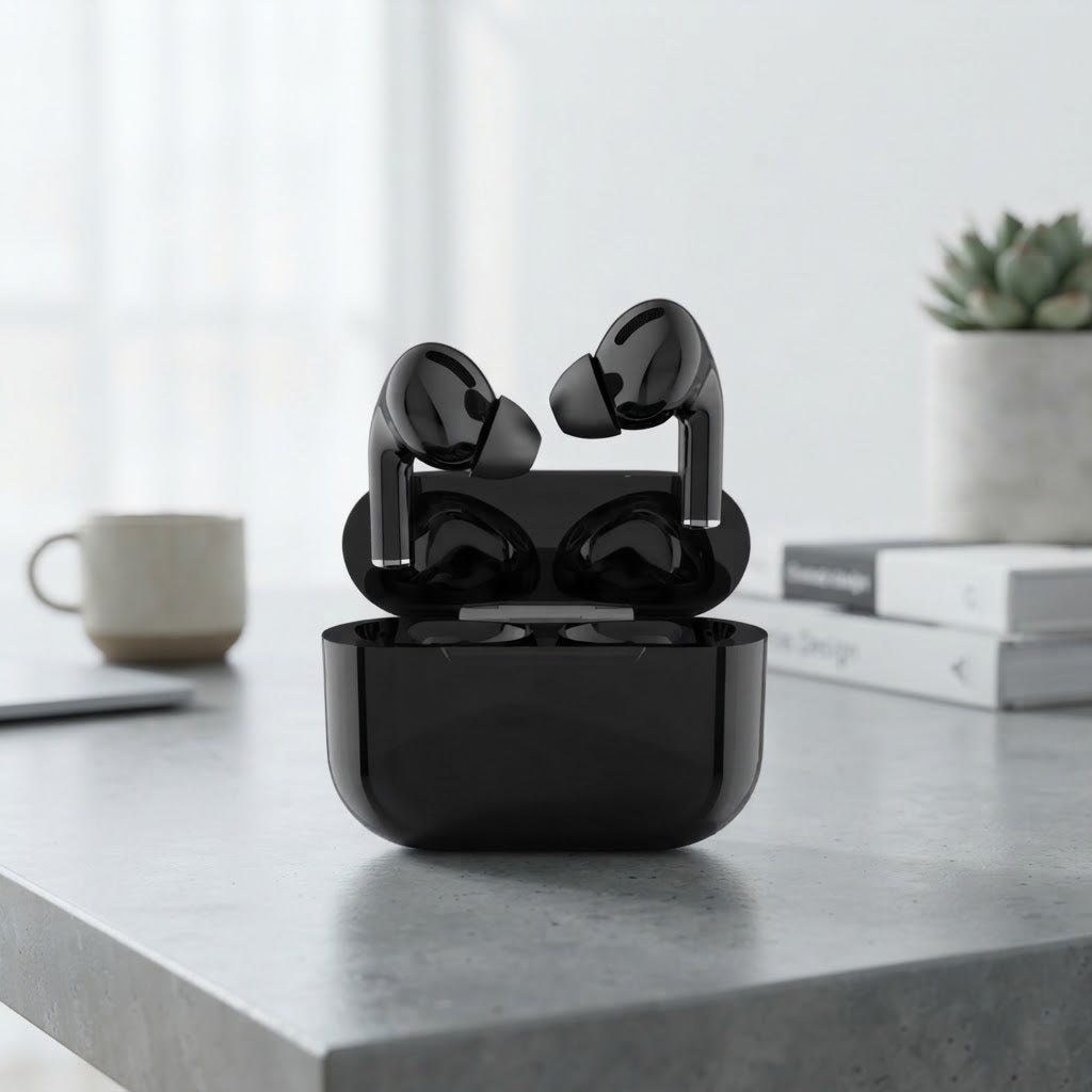 Premium Black AirPods — Wireless Bluetooth Earbuds with Smart Touch, Powerful Bass & Stylish Charging Case. Bluetooth wireless connectivity, smart touch control, deep bass, aur stylish .